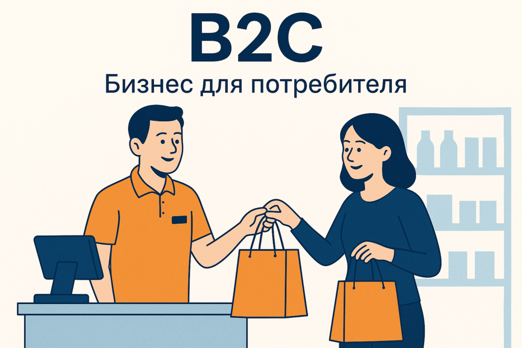 Иллюстрация B2C: кассир передаёт пакеты с покупками клиенту, символизируя продажи от бизнеса к частным потребителям